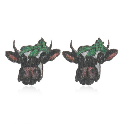 1 Pair Cute Shamrock Animal Painted Wood Silver Plated Ear Studs