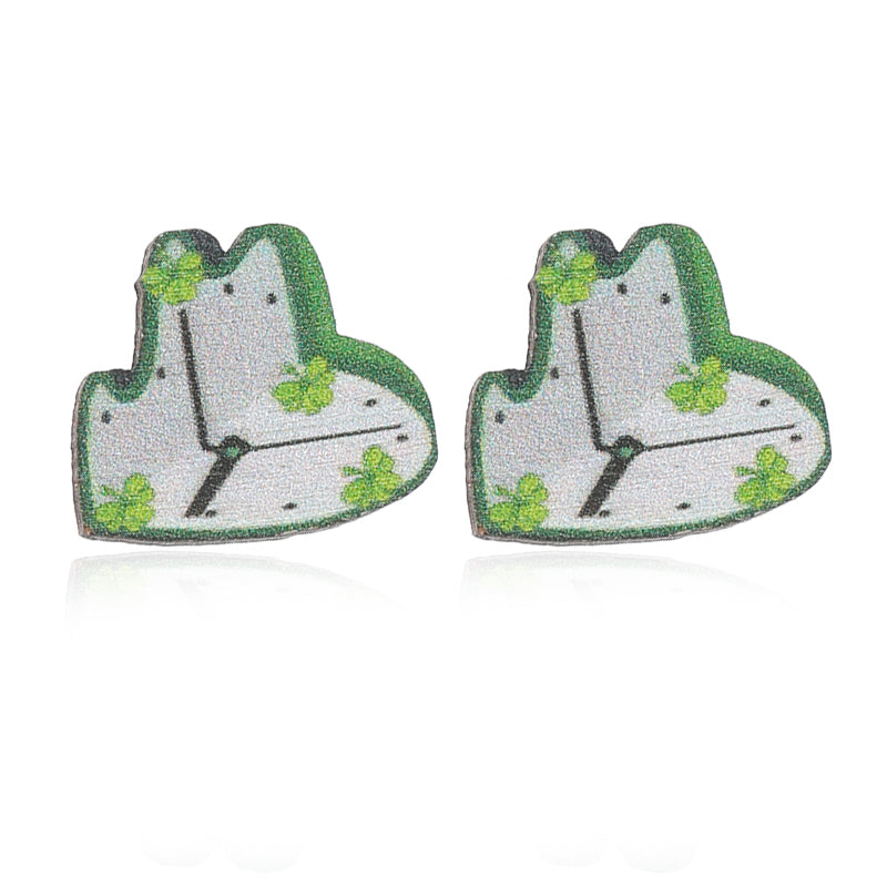 1 Pair Cute Shamrock Animal Painted Wood Silver Plated Ear Studs