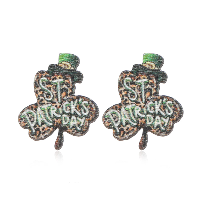 1 Pair Cute Shamrock Animal Painted Wood Silver Plated Ear Studs