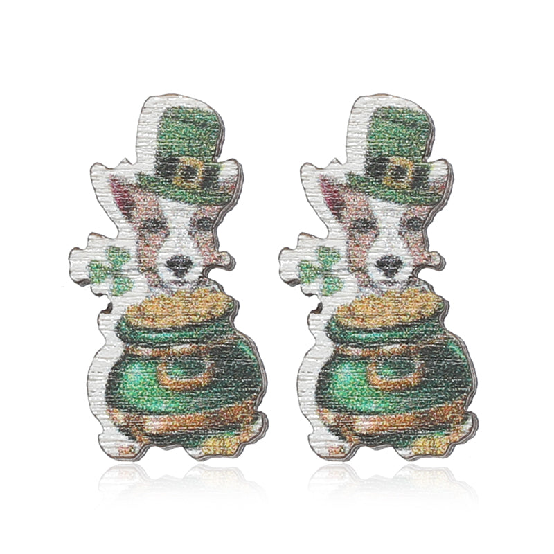 1 Pair Cute Shamrock Animal Painted Wood Silver Plated Ear Studs