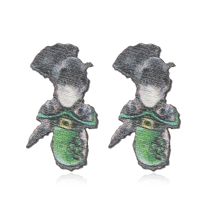 1 Pair Cute Shamrock Animal Painted Wood Silver Plated Ear Studs