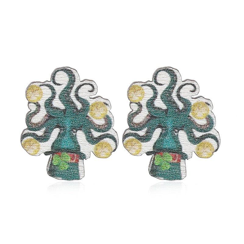 1 Pair Cute Shamrock Animal Painted Wood Silver Plated Ear Studs