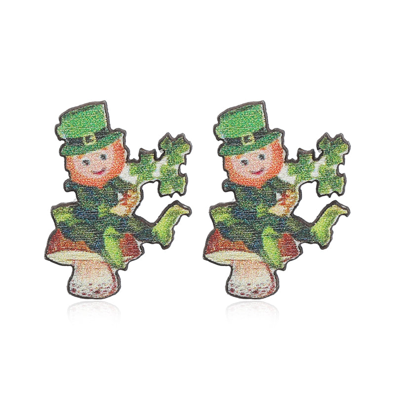 1 Pair Cute Shamrock Animal Painted Wood Silver Plated Ear Studs