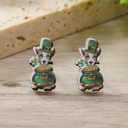 1 Pair Cute Shamrock Animal Painted Wood Silver Plated Ear Studs