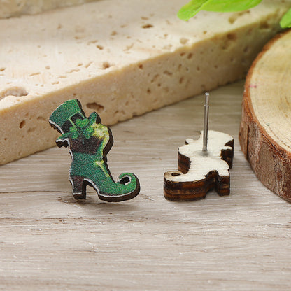 1 Pair Cute Shamrock Animal Painted Wood Silver Plated Ear Studs