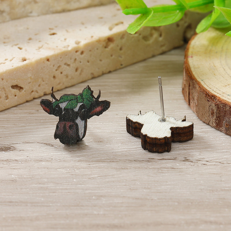 1 Pair Cute Shamrock Animal Painted Wood Silver Plated Ear Studs