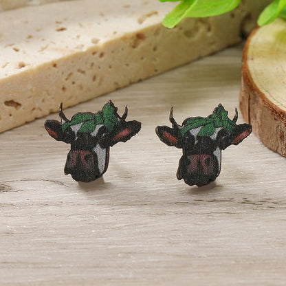 1 Pair Cute Shamrock Animal Painted Wood Silver Plated Ear Studs