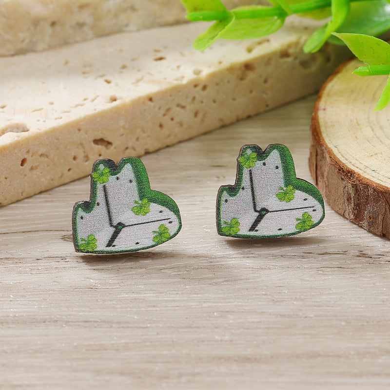 1 Pair Cute Shamrock Animal Painted Wood Silver Plated Ear Studs