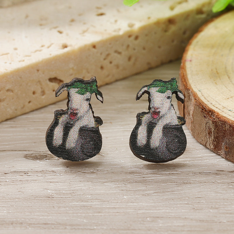 1 Pair Cute Shamrock Animal Painted Wood Silver Plated Ear Studs