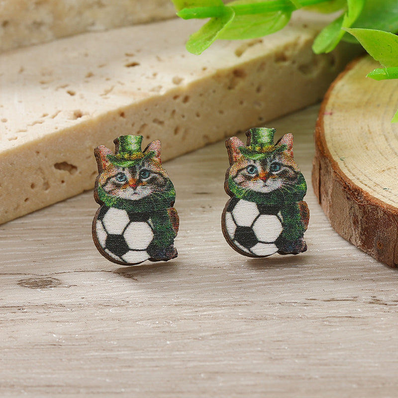 1 Pair Cute Shamrock Animal Painted Wood Silver Plated Ear Studs