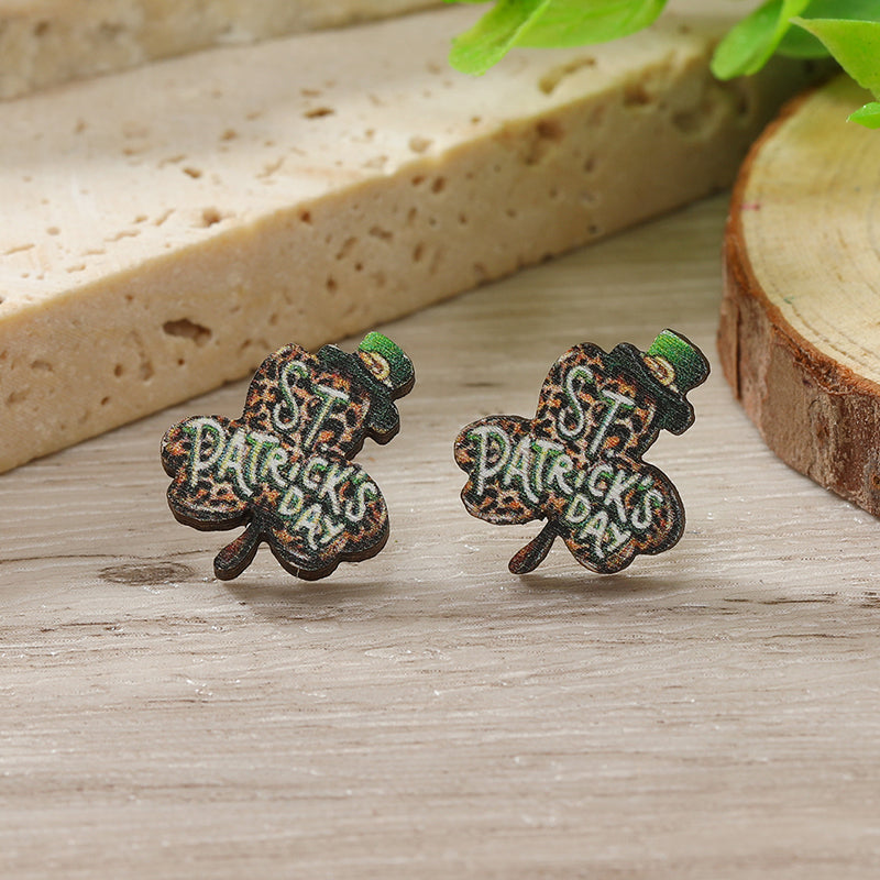 1 Pair Cute Shamrock Animal Painted Wood Silver Plated Ear Studs