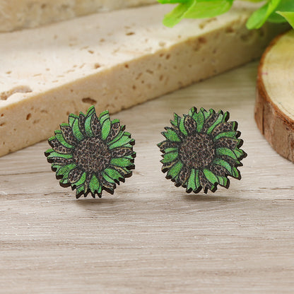 1 Pair Cute Shamrock Animal Painted Wood Silver Plated Ear Studs