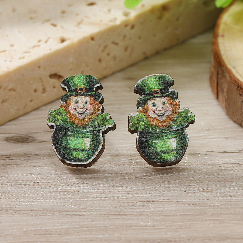 1 Pair Cute Shamrock Animal Painted Wood Silver Plated Ear Studs