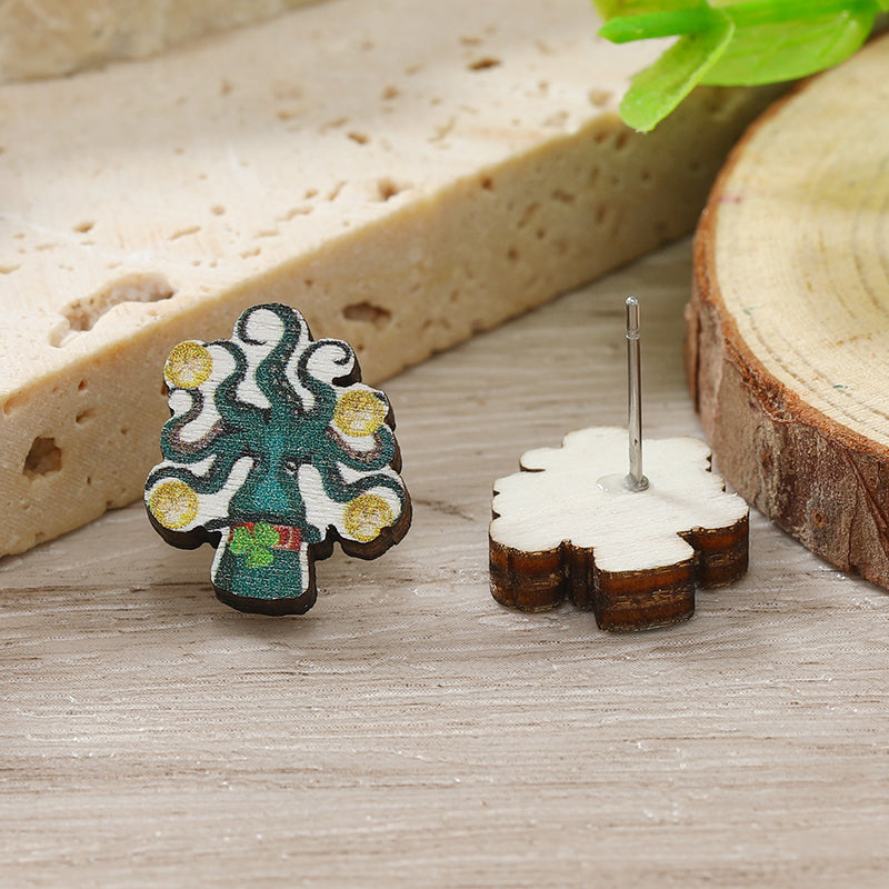 1 Pair Cute Shamrock Animal Painted Wood Silver Plated Ear Studs