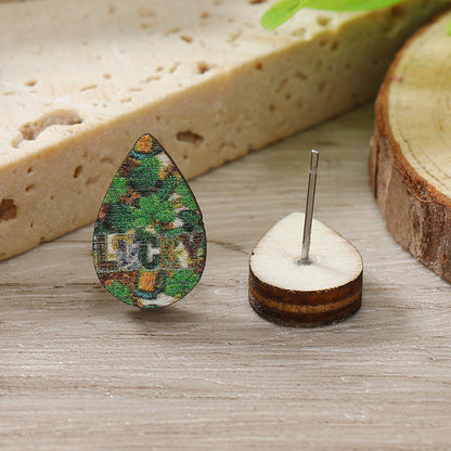 1 Pair Cute Shamrock Animal Painted Wood Silver Plated Ear Studs