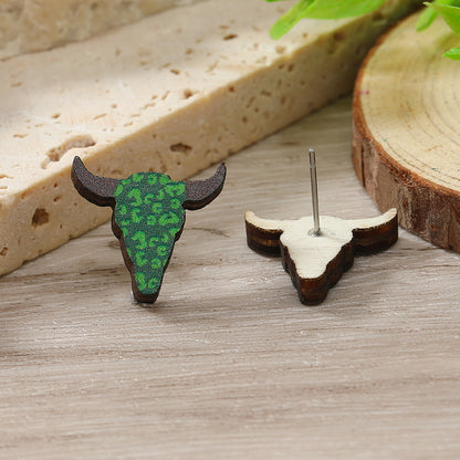 1 Pair Cute Shamrock Animal Painted Wood Silver Plated Ear Studs