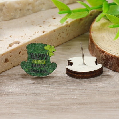 1 Pair Cute Shamrock Animal Painted Wood Silver Plated Ear Studs