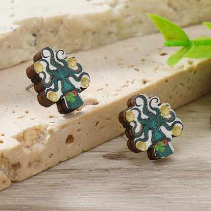 1 Pair Cute Shamrock Animal Painted Wood Silver Plated Ear Studs