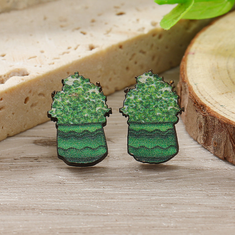 1 Pair Cute Shamrock Animal Painted Wood Silver Plated Ear Studs