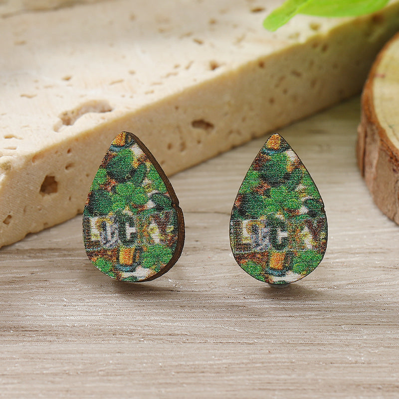 1 Pair Cute Shamrock Animal Painted Wood Silver Plated Ear Studs