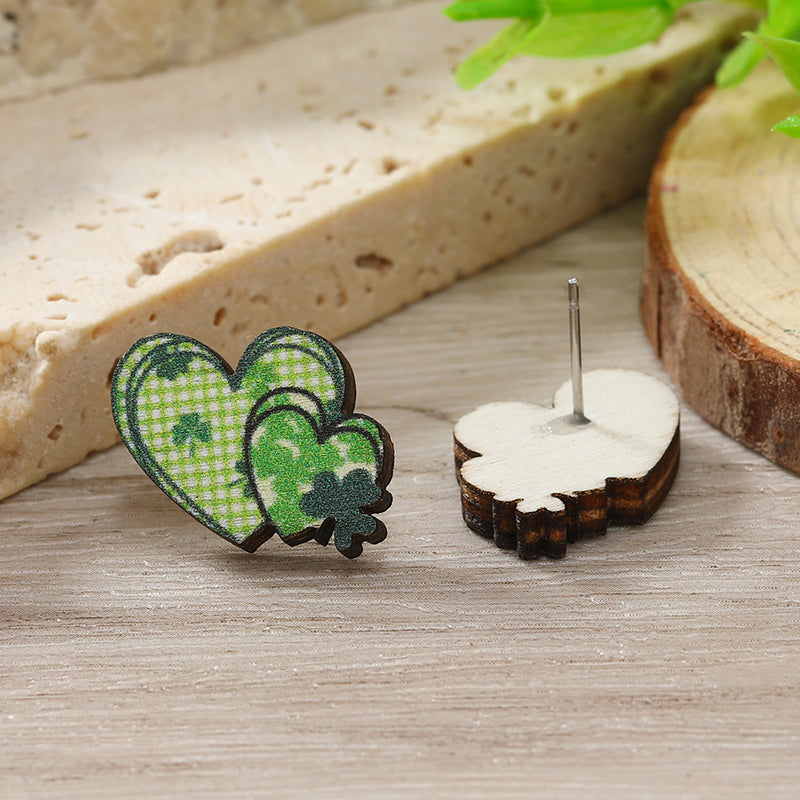 1 Pair Cute Shamrock Animal Painted Wood Silver Plated Ear Studs