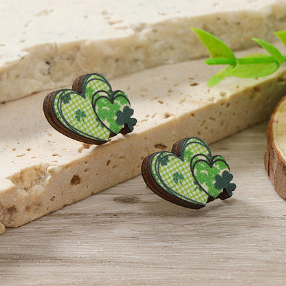 1 Pair Cute Shamrock Animal Painted Wood Silver Plated Ear Studs