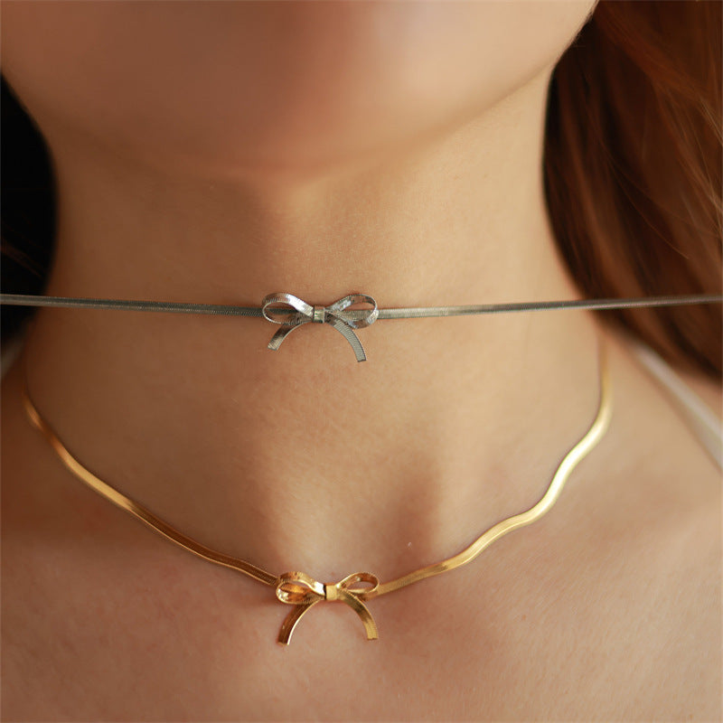 Vintage Style Simple Style Solid Color Bow Knot Stainless Steel Plating 18k Gold Plated Necklace