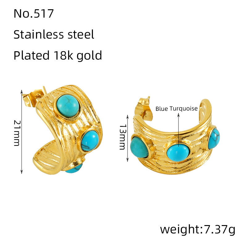 1 Pair Retro Geometric Plating Inlay Stainless Steel Natural Stone 18k Gold Plated Ear Studs