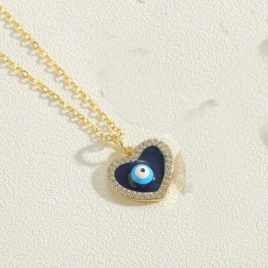 Vintage Style Simple Style Devil's Eye Hand Of Fatima Heart Shape Copper Enamel Plating Inlay Zircon 14k Gold Plated Pendant Necklace