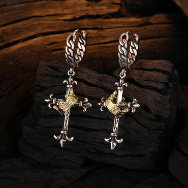 1 Pair Retro Cross Crown Plating Copper White Gold Plated Drop Earrings