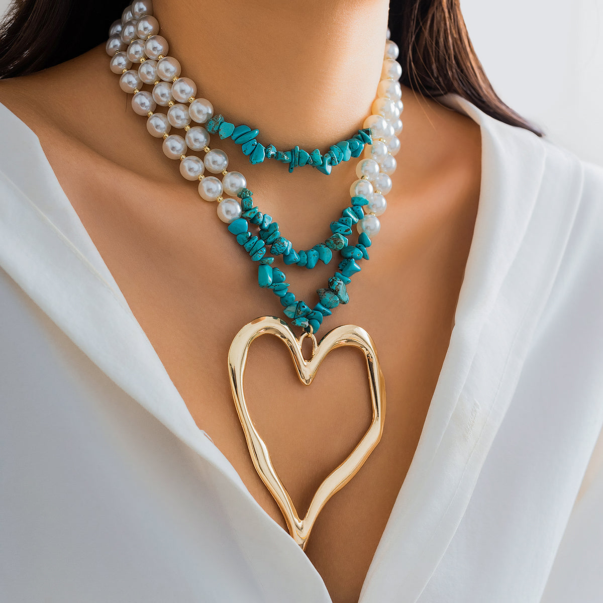 Retro Exaggerated Cool Style Irregular Round Heart Shape Imitation Pearl Alloy Turquoise Beaded Layered Women's Layered Necklaces