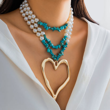 Retro Exaggerated Cool Style Irregular Round Heart Shape Imitation Pearl Alloy Turquoise Beaded Layered Women's Layered Necklaces