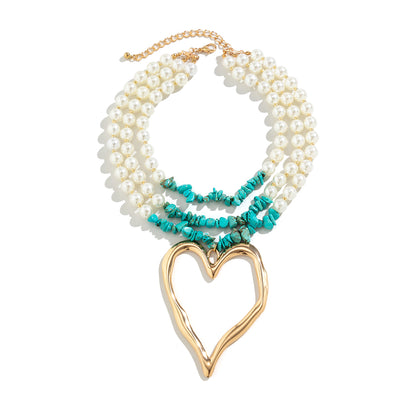 Retro Exaggerated Cool Style Irregular Round Heart Shape Imitation Pearl Alloy Turquoise Beaded Layered Women's Layered Necklaces