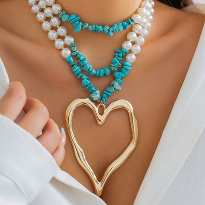 Retro Exaggerated Cool Style Irregular Round Heart Shape Imitation Pearl Alloy Turquoise Beaded Layered Women's Layered Necklaces