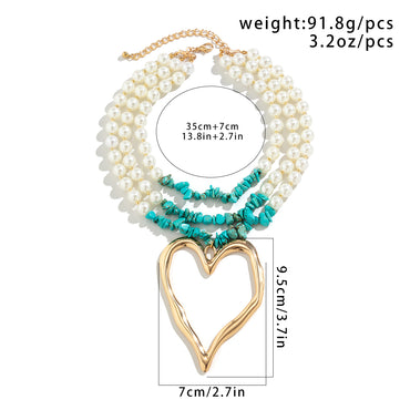 Retro Exaggerated Cool Style Irregular Round Heart Shape Imitation Pearl Alloy Turquoise Beaded Layered Women's Layered Necklaces