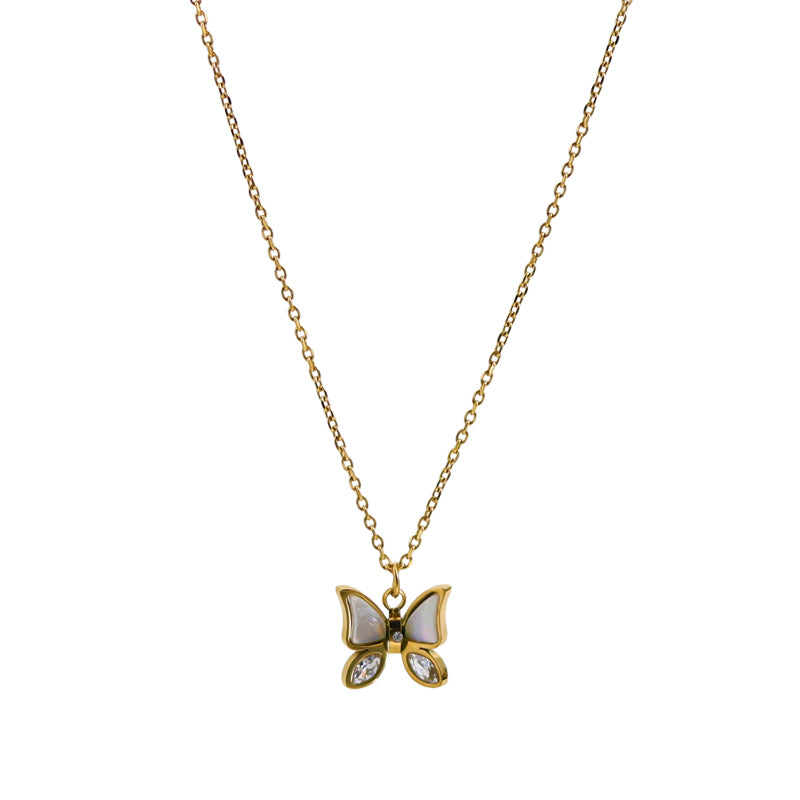 Romantic Classic Style Butterfly Titanium Steel Plating Inlay Shell 18k Gold Plated Pendant Necklace