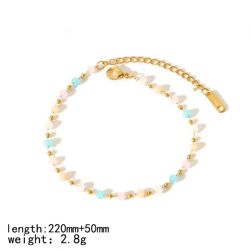 Simple Style Classic Style Round Stainless Steel Polishing Plating Inlay Natural Stone 18k Gold Plated Bracelets Anklet Necklace