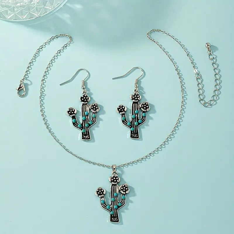 Simple Style Commute Cactus Alloy Inlay Turquoise Women's Jewelry Set