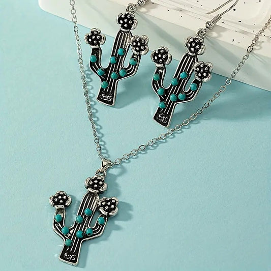 Simple Style Commute Cactus Alloy Inlay Turquoise Women's Jewelry Set