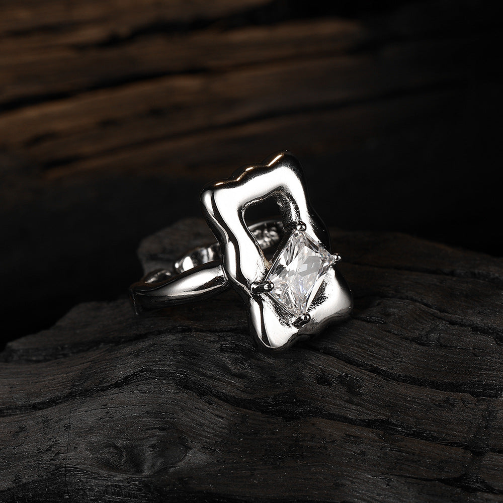 Simple Style Square Copper Asymmetrical Plating Inlay Zircon White Gold Plated Open Rings