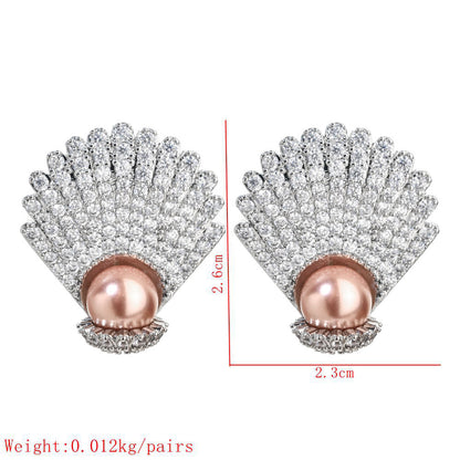 1 Pair Lady Shell Plating Inlay Copper Artificial Pearls Zircon White Gold Plated Ear Studs