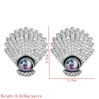 1 Pair Lady Shell Plating Inlay Copper Artificial Pearls Zircon White Gold Plated Ear Studs