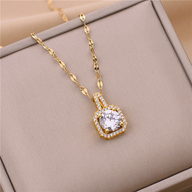 Simple Style Square Stainless Steel Titanium Steel Plating Inlay Zircon 18k Gold Plated Pendant Necklace