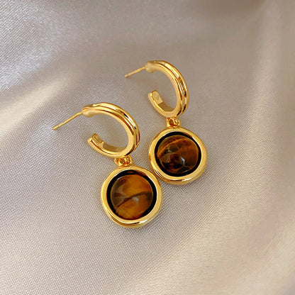 1 Pair Lady Round Plating Inlay Copper Tiger Eye 18k Gold Plated Earrings