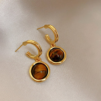 1 Pair Lady Round Plating Inlay Copper Tiger Eye 18k Gold Plated Earrings