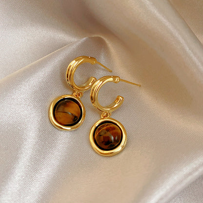 1 Pair Lady Round Plating Inlay Copper Tiger Eye 18k Gold Plated Earrings