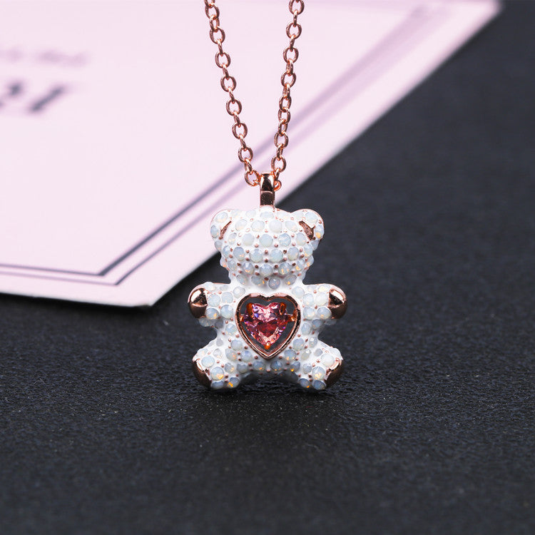 Cute Bear Heart Shape Copper Plating Inlay Rhinestones Pendant Necklace