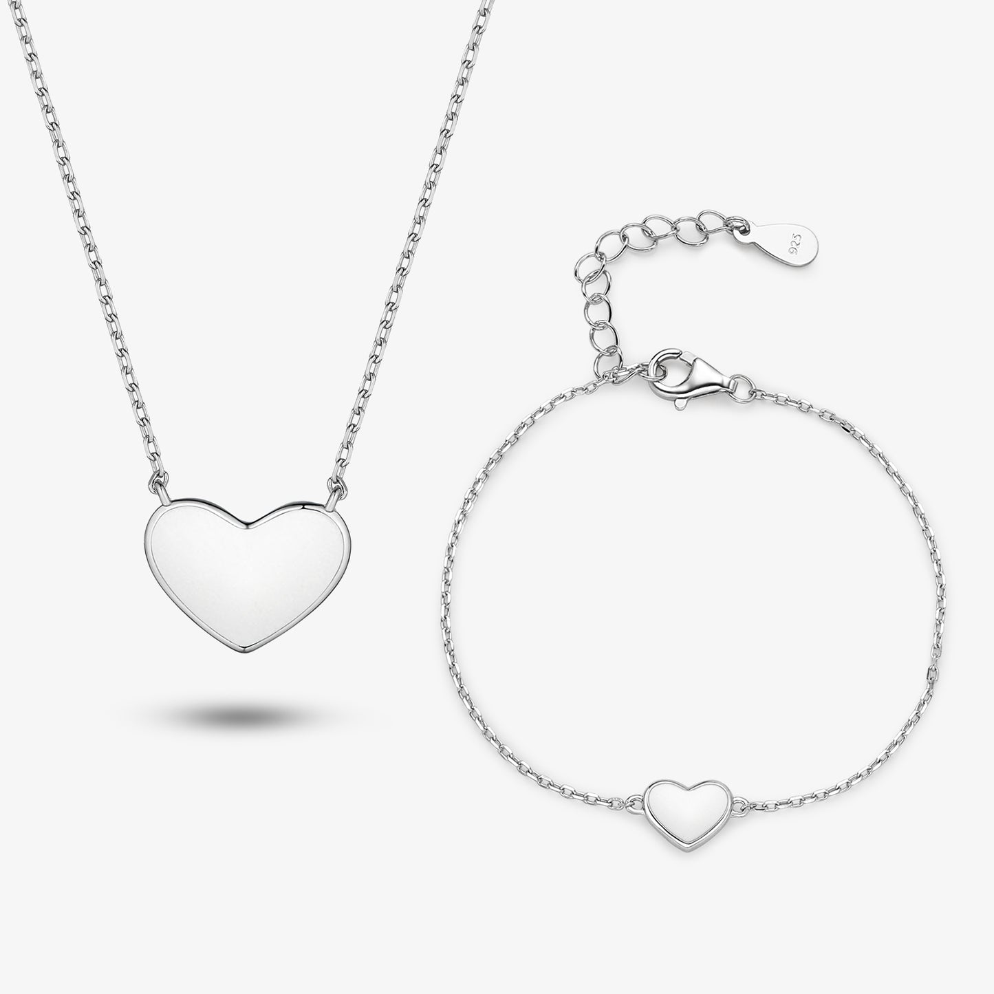 Solid Color Heart Shape Sterling Silver White Gold Plated Women's Bracelets Necklace Jewelry Set