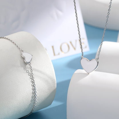 Solid Color Heart Shape Sterling Silver White Gold Plated Women's Bracelets Necklace Jewelry Set