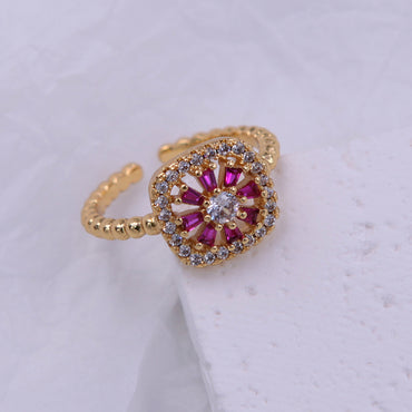 Glam Shiny Flower Copper Plating Inlay Zircon 18k Gold Plated Open Rings